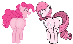 Size: 2276x1373 | Tagged: suggestive, artist:noi kincade, artist:noikincade67, derpibooru import, editor:siti shafiyyah, pinkie pie, oc, oc:annisa trihapsari, earth pony, pony, annibutt, balloonbutt, blushing, butt, cute, dock, duo, duo female, eyes closed, female, grin, gritted teeth, happy, image, large butt, missing cutie mark, not rarity, ocbetes, pink body, pink hair, pink mane, pink tail, plot, png, simple background, smiling, tail, teeth, transparent background, vector