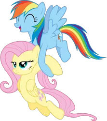 Size: 3542x3985 | Tagged: safe, artist:shutterflyyay, derpibooru import, fluttershy, rainbow dash, pegasus, pony, ^^, carrying, duo, eyes closed, female, fluttershy is not amused, flying, image, mare, png, role reversal, simple background, transparent background, unamused, vector