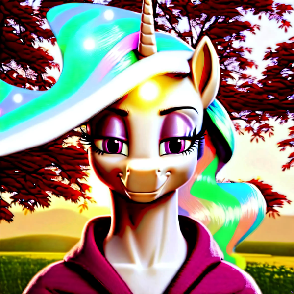 Size: 3000x3000 | Tagged: safe, derpibooru import, machine learning generated, stable diffusion, princess celestia, anthro, ai content, autumn, bedroom eyes, clothes, cute, cutelestia, female, generator:purplesmart.ai, gilf, hoodie, image, imminent kissing, looking at you, milf, outdoors, png, prompter:yourclopaccount2, seductive look, story included, sunlight, sunset