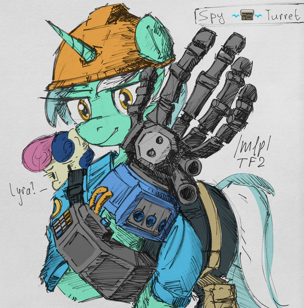 Size: 1321x1340 | Tagged: safe, artist:uteuk, derpibooru import, bon bon, lyra heartstrings, sweetie drops, earth pony, pony, unicorn, /mlp/ tf2 general, amputee, engineer, female, gunslinger, hat, image, killfeed, mare, png, prosthetic limb, prosthetics, sentry, spy, team fortress 2, text