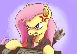 Size: 1500x1047 | Tagged: safe, derpibooru import, fluttershy, pegasus, pony, /mlp/ tf2 general, angry, arrow, computer mouse, cross-popping veins, emanata, female, gaming, image, keyboard, mare, png, sniper, snipershy, team fortress 2