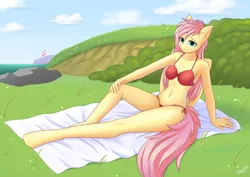 Size: 3508x2480 | Tagged: suggestive, alternate version, artist:hugo231929, derpibooru import, fluttershy, anthro, pegasus, unguligrade anthro, advertisement in description, beautisexy, bikini, bikini bottom, bikini top, breasts, busty fluttershy, clothes, cloud, ear fluff, female, freckles, hat, image, looking at you, open clothes, outdoors, pinup, png, pose, red underwear, smiling, solo, string bikini, sultry pose, swimsuit, underwear