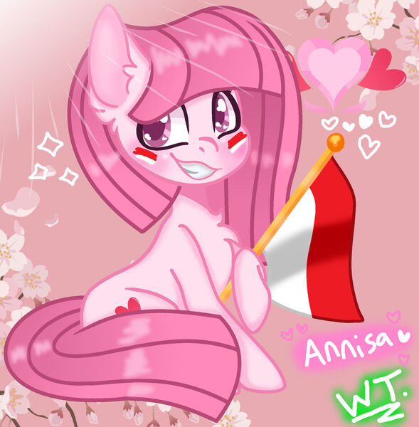 Size: 1280x1304 | Tagged: safe, artist:kittiebases, artist:teahie821, derpibooru import, oc, oc:annisa trihapsari, unofficial characters only, earth pony, pony, blushing, cherry blossoms, earth pony oc, flag, flower, flower blossom, grin, gritted teeth, happy, heart, image, indonesia, jpeg, looking at you, signature, sitting, smiling, smiling at you, solo, teeth