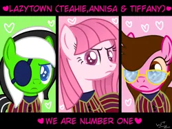 Size: 2048x1536 | Tagged: safe, artist:kittiebases, artist:teahie821, derpibooru import, oc, oc:annisa trihapsari, oc:teahie, oc:tiffany fisher, unofficial characters only, earth pony, pony, series:the guardian of leadership, crossover, earth pony oc, eyepatch, female, glasses, heart, image, lazytown, png, signature, text, trio, trio female, we are number one