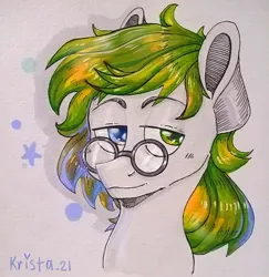 Size: 1044x1073 | Tagged: safe, artist:krista-21, derpibooru import, edit, oc, oc:filamirains, unofficial characters only, pegasus, pony, femboy, gift art, glasses, heterochromia, image, jpeg, male, profile picture, solo, stallion, traditional art