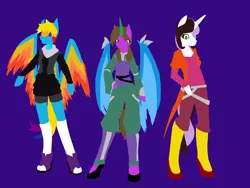 Size: 4128x3096 | Tagged: safe, artist:destiny_manticor, derpibooru import, oc, oc:destiny manticor, oc:mundestr, oc:pearl hono, unofficial characters only, alicorn, pegasus, pony, semi-anthro, unicorn, arm hooves, blue wings, claws, clothes, colored wings, digital art, female, fluffy hair, hand, horn, image, male, multicolored wings, old art, png, simple background, solo, wing claws, wings