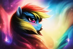 Size: 3072x2048 | Tagged: safe, derpibooru import, machine learning generated, novelai, stable diffusion, rainbow dash, pegasus, pony, abstract, abstract background, ai content, blushing, bust, cute, female, image, jpeg, lidded eyes, mare, portrait, prompter:endless--, smiling, solo