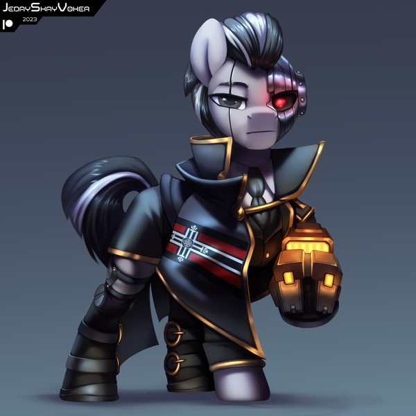 Size: 3000x3000 | Tagged: safe, artist:jedayskayvoker, derpibooru import, oc, oc:twilight ironclade, cyborg, earth pony, pony, amputee, boots, cape, clothes, earth pony oc, gradient background, image, lineless, looking at you, male, necktie, png, prosthetic eye, prosthetic limb, prosthetics, red eye, shirt, shoes, shorts, solo, stallion