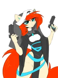 Size: 1156x1541 | Tagged: safe, artist:dodsie, artist:raw16, derpibooru import, oc, oc:ray muller, unofficial characters only, anthro, bottomless, clothes, collaboration, collar, ear piercing, gun, handgun, image, inquisitor, looking at you, nail polish, no panties, nun, partial nudity, piercing, pistol, png, simple background, solo, white background