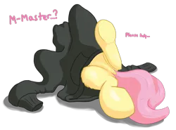 Size: 2160x1600 | Tagged: safe, alternate version, artist:callichrome, derpibooru import, fluttershy, pegasus, pony, adorable distress, clothes, cute, female, hoodie, image, mare, png, rear view, shyabetes, simple background, solo, stuck, tail, text, transparent background, trapped
