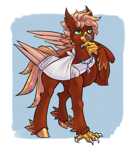 Size: 1784x2038 | Tagged: safe, artist:jeshh, derpibooru import, oc, oc:pavlos, unofficial characters only, classical hippogriff, hippogriff, bandage, broken bone, broken wing, cast, claws, colored wings, hippogriff oc, hippogriffied, image, injured, jewelry, necklace, one wing out, png, simple background, sling, solo, species swap, thinking, wings