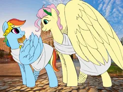 Size: 2048x1536 | Tagged: safe, artist:incendiaryboobs, editor:unofficial edits thread, fluttershy, rainbow dash, pegasus, pony, clothes, cutie mark, duo, eye contact, female, floppy ears, image, large wings, laurel wreath, looking at each other, looking at you, mare, png, rome, smiling, spread wings, toga, wings