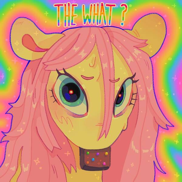 Size: 1440x1440 | Tagged: safe, artist:ariariari.png, derpibooru import, fluttershy, pegasus, pony, brownies, bust, dialogue, drugs, female, food, forever weed brownie, image, jpeg, looking at you, marijuana, mouth hold, rainbow background, reference, solo, sparkles, stray strand, sweat