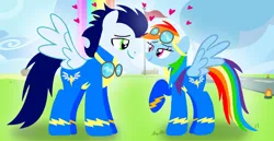 Size: 1980x1020 | Tagged: safe, artist:mlplary6, derpibooru import, rainbow dash, soarin', pegasus, pony, boyfriend and girlfriend, clothes, female, glasses, heart, image, looking at each other, looking at someone, love, male, mare, png, shipping, smiling, smiling at each other, soarindash, stallion, straight, uniform, wonderbolts, wonderbolts headquarters, wonderbolts uniform