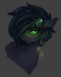 Size: 2800x3513 | Tagged: safe, artist:tendocake, derpibooru import, oc, oc:korroki, pony, bust, dark background, dark skin, ear fluff, ear piercing, earring, fangs, glow, glowing eyes, goggles, gray mane, green eyes, image, jewelry, piercing, png, portrait, serious, serious face, solo