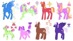 Size: 1188x673 | Tagged: safe, artist:s0ftserve, oc, oc:cream puff, oc:dusk dreamer, oc:ladybird, oc:spring blossom, oc:sugar plum, oc:summer blaze, oc:sunshine star, oc:winter chill, unofficial characters only, butterfly, earth pony, hybrid, insect, pegasus, pony, unicorn, zebra, zony, braid, braided tail, curly hair, cutie mark, dreadlocks, female, filly, freckles, heart mark, image, interspecies offspring, jpeg, magical lesbian spawn, magical threesome spawn, male, mare, next generation, offspring, parent:applejack, parent:fluttershy, parent:pinkie pie, parent:princess luna, parent:rainbow dash, parent:starlight glimmer, parent:sunburst, parent:tempest shadow, parent:tree hugger, parent:twilight sparkle, parent:zecora, parents:appledash, parents:fluttercora, parents:flutterhugger, parents:starluna, parents:tempestpie, parents:treecora, parents:twiburst, pigtails, simple background, stallion, white background, zebra oc