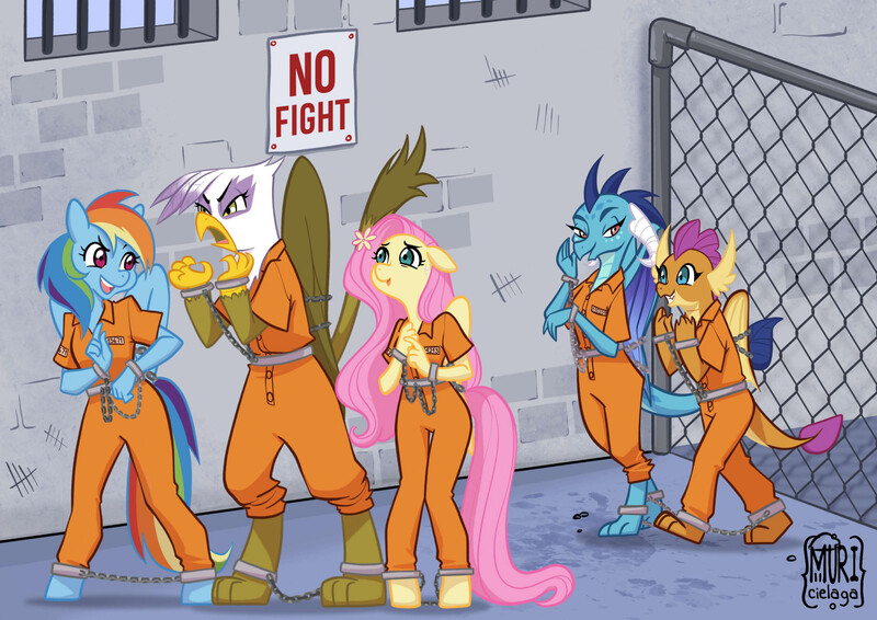 Size: 2283x1614 | Tagged: safe, artist:murcielaga, derpibooru import, fluttershy, gilda, princess ember, rainbow dash, smolder, anthro, dragon, gryphon, pegasus, unguligrade anthro, chains, clothes, cuffed, fence, group, image, jpeg, jumpsuit, prison, prison outfit, prisoner, prisoner ember, prisoner ft, prisoner gilda, prisoner rd, prisoner smolder, quintet, sign