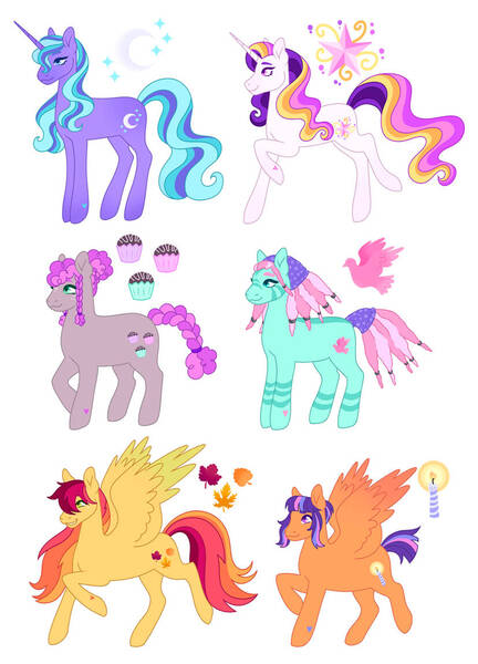 Size: 827x1148 | Tagged: safe, artist:s0ftserve, oc, oc:autumn leaf, oc:candle wish, oc:dazzleflash, oc:dream eclipse, oc:marzipan, oc:pigeon song, unofficial characters only, earth pony, hybrid, pegasus, pony, unicorn, zebra, zony, cutie mark, female, image, interspecies offspring, jpeg, magical lesbian spawn, magical threesome spawn, mare, next generation, offspring, parent:applejack, parent:fluttershy, parent:pinkie pie, parent:princess celestia, parent:princess luna, parent:rainbow dash, parent:rarity, parent:starlight glimmer, parent:sunburst, parent:tempest shadow, parent:tree hugger, parent:twilight sparkle, parent:zecora, parents:appledash, parents:fluttercora, parents:flutterhugger, parents:rarilestia, parents:starluna, parents:tempestpie, parents:treecora, parents:twiburst, simple background, white background, zebra oc