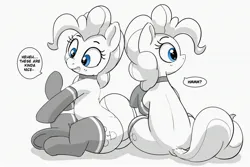 Size: 2554x1704 | Tagged: safe, artist:pabbley, derpibooru import, pinkie pie, earth pony, pony, choker, clothes, dialogue, duality, female, grayscale, image, jpeg, mare, monochrome, partial color, ponk, simple background, sitting, socks, solo, speech bubble, stockings, thigh highs, white background