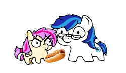 Size: 2741x1586 | Tagged: safe, artist:anye_deux, derpibooru import, oc, oc:anye, oc:scout centurion, unofficial characters only, earth pony, pony, disguise, disguised changeling, food, hot dog, image, meat, png, sausage, squatpony