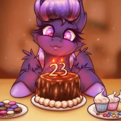 Size: 1500x1500 | Tagged: safe, artist:shad0w-galaxy, derpibooru import, oc, oc:shadow galaxy, unofficial characters only, pegasus, pony, :3, birthday, birthday cake, cake, candle, cheek fluff, chest fluff, chocolate, chocolate cake, cupcake, ear fluff, ethereal mane, fluffy, food, hooves, image, m&m's, macaron, png, shoulder fluff, simple background, smiling, solo, starry mane, unshorn fetlocks, wing fluff, wings