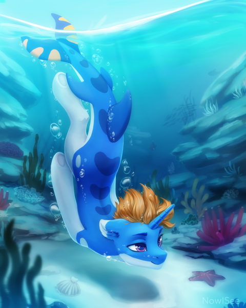 Size: 3000x3750 | Tagged: safe, artist:inowiseei, derpibooru import, oc, unofficial characters only, original species, pony, shark, shark pony, starfish, unicorn, absurd resolution, bubble, coral, crepuscular rays, cute, digital art, dorsal fin, ear fluff, fin, fins, fish tail, flowing mane, high res, horn, image, male, ocean, orange mane, pink eyes, png, scenery, scenery porn, seashell, seaweed, sky, smiling, solo, stallion, sunlight, swimming, tail, underwater, water