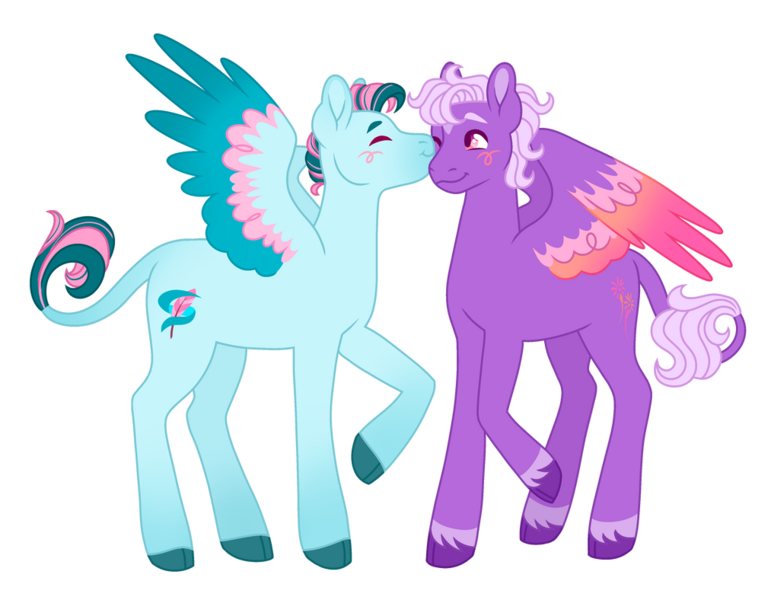 Size: 1013x788 | Tagged: safe, artist:s0ftserve, oc, oc:springtide, oc:star burst, oc:star burst sparkle, unofficial characters only, pegasus, pony, blushing, colored hooves, gay, image, kiss on the cheek, kissing, leonine tail, magical lesbian spawn, magical threesome spawn, male, next generation, offspring, parent:blossomforth, parent:fleetfoot, parent:fluttershy, parent:thunderlane, parent:twilight sparkle, parents:blossomlane, parents:thunderfoot, parents:twishy, png, simple background, spread wings, stallion, transparent background, two toned wings, unshorn fetlocks, wings