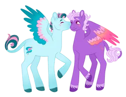 Size: 1013x788 | Tagged: safe, artist:s0ftserve, oc, oc:springtide, oc:star burst, oc:star burst sparkle, unofficial characters only, pegasus, pony, blushing, colored hooves, gay, image, kiss on the cheek, kissing, leonine tail, magical lesbian spawn, magical threesome spawn, male, next generation, offspring, parent:blossomforth, parent:fleetfoot, parent:fluttershy, parent:thunderlane, parent:twilight sparkle, parents:blossomlane, parents:thunderfoot, parents:twishy, png, simple background, spread wings, stallion, transparent background, two toned wings, unshorn fetlocks, wings