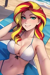 Size: 1024x1536 | Tagged: suggestive, derpibooru import, editor:sammykun, machine learning generated, sunset shimmer, human, ai content, beach, beach towel, bikini, breasts, busty sunset shimmer, cleavage, clothes, coast, female, humanized, image, jpeg, long hair, looking at you, lying down, midriff, offscreen character, on back, pov, prompter:sammykun, reasonably sized breasts, sand, selfie, sexy, shadow, smiling, smiling at you, solo, stupid sexy sunset shimmer, swimsuit, towel