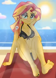 Size: 5568x7656 | Tagged: safe, artist:emeraldblast63, derpibooru import, sunset shimmer, equestria girls, barefoot, belly button, bikini, clothes, feet, image, nails, png, swimsuit, tattoo
