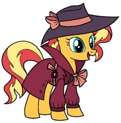 Size: 490x495 | Tagged: safe, artist:muhammad yunus, derpibooru import, sunset shimmer, pony, unicorn, clothes, cute, detective, detective shimmer, fedora, female, happy, hat, image, open mouth, png, simple background, solo, transparent background, trenchcoat