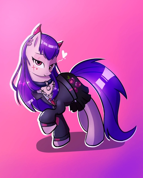 Size: 2000x2500 | Tagged: safe, artist:underdog234, derpibooru import, oc, oc:akuma nihmune, oc:numi, ponified, earth pony, pony, clothes, collar, ear piercing, earring, floating heart, heart, image, jewelry, jpeg, piercing, solo, vtuber