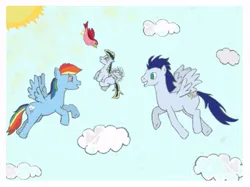 Size: 697x520 | Tagged: safe, artist:cheerfuldash, derpibooru import, rainbow dash, soarin', pegasus, pony, female, filly, flying, foal, image, jpeg, male, mare, offspring, parent:rainbow dash, parent:soarin', parents:soarindash, shipping, soarindash, stallion, straight