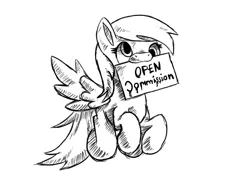 Size: 900x700 | Tagged: safe, artist:underdog234, derpibooru import, derpy hooves, pegasus, pony, advertisement, commissions open, image, jpeg, monochrome, mouth hold, sign, sketch, solo