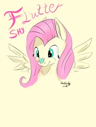 Size: 1500x2000 | Tagged: safe, artist:underdog234, derpibooru import, fluttershy, butterfly, insect, pegasus, pony, bust, butterfly on nose, image, insect on nose, png, simple background, solo, spread wings, wings, yellow background