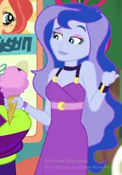 Size: 437x627 | Tagged: safe, derpibooru import, screencap, cranky doodle donkey, princess luna, equestria girls, bare shoulders, bracelet, clothes, cutie mark accessory, dress, eyebrows, eyeshadow, grin, ice cream cone, image, jewelry, lipstick, makeup, offscreen character, offscreen human, pin, png, pointing, raised eyebrow, sleeveless, smiling, straps, vice principal luna, waistband