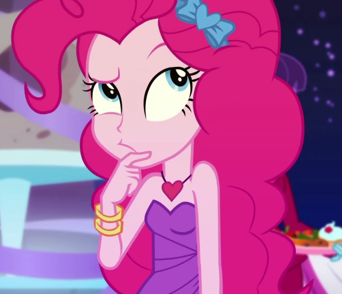 Size: 757x651 | Tagged: safe, derpibooru import, screencap, pinkie pie, equestria girls, equestria girls series, twilight under the stars, spoiler:eqg series (season 2), bare shoulders, bracelet, clothes, dress, eyebrows, hairband, hand on chin, heart, heart necklace, hmm, image, jewelry, looking up, necklace, png, raised eyebrow, sleeveless, sleeveless dress, solo, strapless, strapless dress, thinking