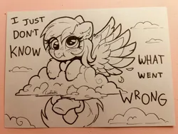 Size: 2048x1536 | Tagged: safe, artist:confetticakez, derpibooru import, derpy hooves, pegasus, pony, :t, cloud, female, grayscale, i just don't know what went wrong, image, jpeg, mare, monochrome, solo, spread wings, traditional art, wings