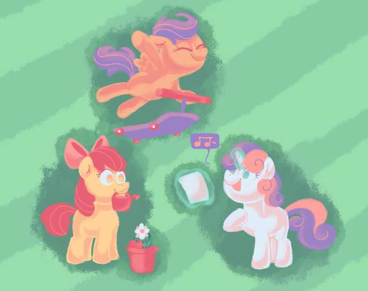 Size: 998x790 | Tagged: safe, artist:superkirbylover, derpibooru import, apple bloom, scootaloo, sweetie belle, earth pony, pegasus, pony, unicorn, cutie mark crusaders, flower, image, mouth hold, png, potted plant, scooter, sheet music, singing, trio, watering can