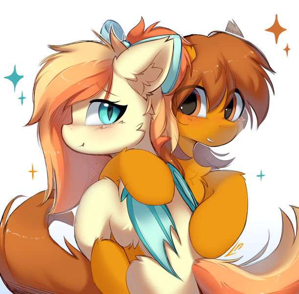 Size: 4808x4720 | Tagged: safe, artist:lunylin, artist:lunylinl, derpibooru import, oc, oc:sunshine drift, oc:zip circuit, unofficial characters only, bat pony, earth pony, pony, absurd resolution, bat pony oc, bat wings, bow, chest fluff, cute, duo, duo male and female, ear fluff, earth pony oc, eye clipping through hair, eyebrows, eyebrows visible through hair, female, hair bow, hug, image, looking at you, male, mare, ocbetes, png, simple background, slit pupils, smiling, smiling at you, sparkles, stallion, white background, wings