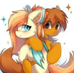 Size: 4808x4720 | Tagged: safe, artist:lunylin, artist:lunylinl, derpibooru import, oc, oc:sunshine drift, oc:zip circuit, unofficial characters only, bat pony, earth pony, pony, absurd resolution, bat pony oc, bat wings, bow, chest fluff, cute, duo, duo male and female, ear fluff, earth pony oc, eye clipping through hair, eyebrows, eyebrows visible through hair, female, hair bow, hug, image, looking at you, male, mare, ocbetes, png, simple background, slit pupils, smiling, smiling at you, sparkles, stallion, white background, wings