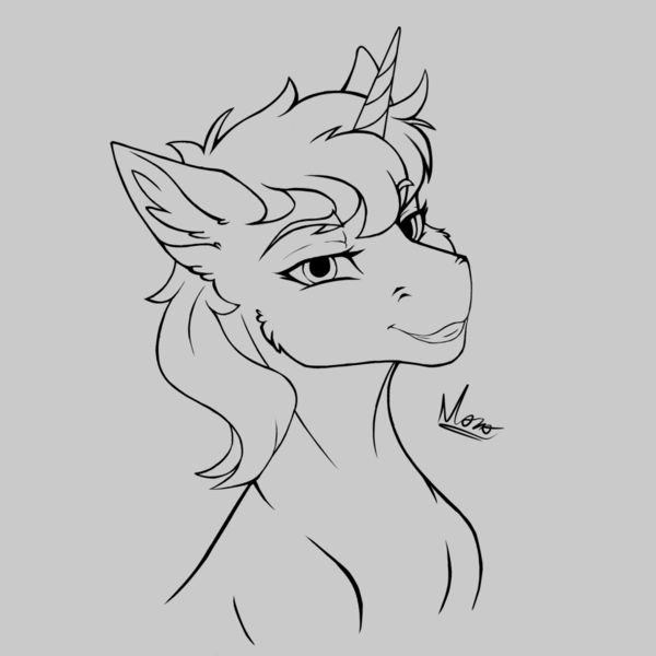 Size: 1217x1217 | Tagged: safe, artist:monolith_skyline, derpibooru import, oc, oc:sweet steel, pony, unicorn, black and white, eyebrows, female, grayscale, image, lidded eyes, lineart, looking at you, mare, monochrome, png, simple background, smiling