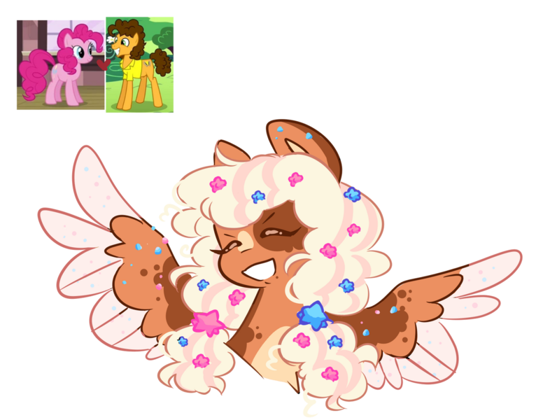 Size: 1280x977 | Tagged: safe, artist:snansswap, derpibooru import, cheese sandwich, pinkie pie, oc, earth pony, pegasus, pony, accessories, accessory, cheesepie, coat markings, colored wings, colored wingtips, eyes closed, female, flower, flower in hair, grin, heart, image, male, mane accessory, mare, messy mane, multicolored hair, multicolored mane, offspring, parent:cheese sandwich, parent:pinkie pie, parents:cheesepie, pegasus oc, pigtails, png, screencap reference, shipping, simple background, smiling, spread wings, stars, straight, transparent background, twintails, wings