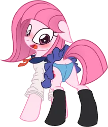 Size: 775x911 | Tagged: suggestive, artist:madzixa, artist:muhammad yunus, derpibooru import, oc, oc:annisa trihapsari, unofficial characters only, earth pony, pony, annibutt, base used, blue panties, blushing, butt, clothes, dock, earth pony oc, embarrassed, female, floppy ears, image, japanese, looking at you, looking back, looking back at you, mare, moon runes, open mouth, panties, panty shot, plot, png, presenting, shocked, simple background, socks, solo, tail, transparent background, underwear