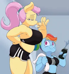 Size: 3124x3360 | Tagged: suggestive, artist:fourpundo, derpibooru import, fluttershy, rainbow dash, anthro, pegasus, alternate hairstyle, belly button, big breasts, breasts, busty fluttershy, busty rainbow dash, clothes, duo, duo female, eyes closed, fanning, fanning self, female, females only, huge breasts, image, midriff, png, ponytail, shorts, sports bra, sweat, towel, water bottle, wingless, wingless anthro