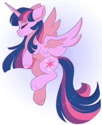 Size: 1678x2048 | Tagged: safe, artist:cinnamontee, derpibooru import, twilight sparkle, twilight sparkle (alicorn), alicorn, pony, ear fluff, eyebrows, eyes closed, female, horn, image, jpeg, leg fluff, mare, smiling, solo, spread wings, tail, wings