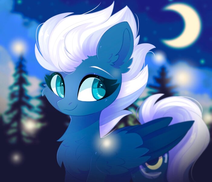 Size: 1765x1510 | Tagged: safe, artist:cinnamontee, derpibooru import, night glider, pegasus, pony, blurry background, cheek fluff, chest fluff, crescent moon, cute, ear fluff, eyebrows, female, folded wings, glideabetes, image, jpeg, mare, moon, night, night sky, outdoors, sky, smiling, stars, tree, wings