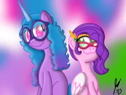 Size: 2160x1620 | Tagged: safe, artist:jesslmc16, derpibooru import, izzy moonbow, pipp petals, pegasus, pony, unicorn, g5, adorapipp, background, colored, cute, digital art, duo, duo female, female, glasses, headband, horn, image, izzybetes, looking at each other, looking at someone, mare, png, signature, sitting, smiling, smiling at each other, smol, wings