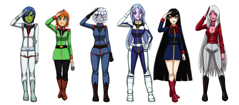 Size: 8204x3600 | Tagged: safe, artist:artemis-polara, derpibooru import, oc, oc:chrystine mirage, oc:nikki eliza orlok, oc:rally flag, oc:scarlet flash, oc:steam puff, oc:thunderfrost, human, equestria girls, boots, clothes, crossover, earth federation, earth federation space force, female, flight suit, gundam, image, jacket, long hair, male, military uniform, mobile suit gundam, newspaper, normal suit, pants, png, salute, shoes, simple background, skirt, spacesuit, transparent background, uniform, uniform variation