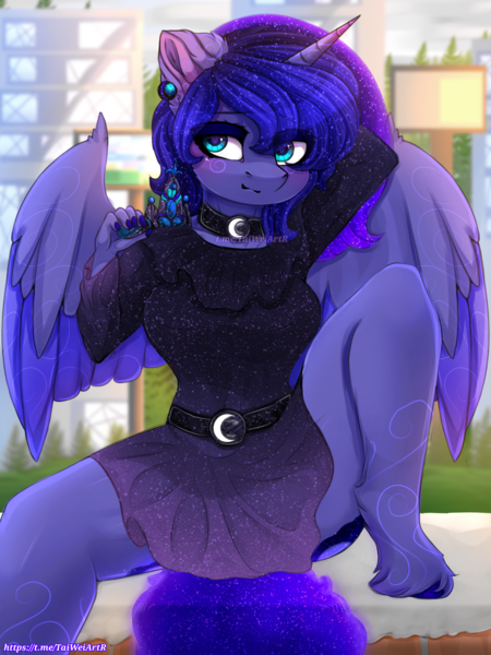 Size: 2025x2700 | Tagged: safe, alternate version, artist:taiweiart, derpibooru import, princess luna, alicorn, anthro, unguligrade anthro, alternate hairstyle, arm behind head, belt, blushing, both cutie marks, clothes, collar, cute, diadem, dock, dress, ear fluff, ear piercing, earring, ethereal mane, female, holding, hooves, image, jewelry, looking at you, lunabetes, piercing, png, regalia, solo, spread legs, spread wings, spreading, starry mane, tail, unshorn fetlocks, wings